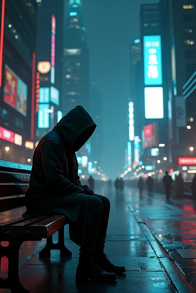 a hooded man sitting on a pakque at night, city street cinematic lighting, beautiful and cinematic lighting, cyberpunk streets at night, dark cinematic lighting, cyberpunk street at night, beautiful cinematic lighting, traversing a shadowy city, cyberpunk night street, moody cinematic lighting, great cinematic lighting, he is traversing a shadowy city, cinematic night lighting