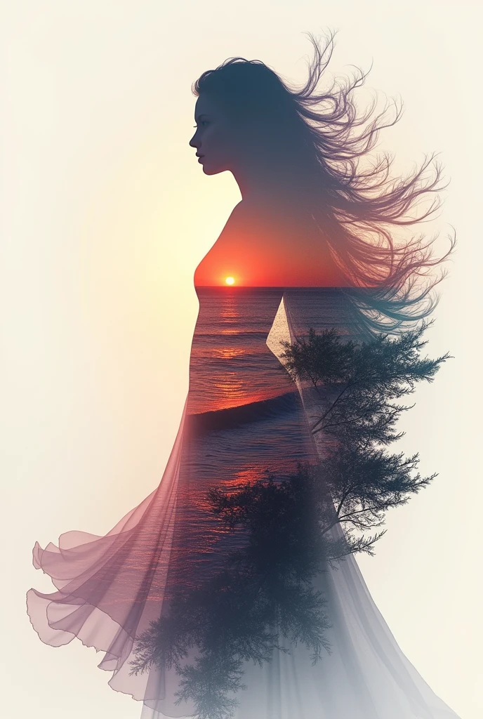 high quality, 8K Ultra HD, A beautiful double exposure that combines an goddess silhouette with sunset coast, sunset coast should serve as the underlying backdrop, with its details incorporated into the goddess , crisp lines, The background is monochrome, sharp focus, double exposure, by yukisakura, awesome full color,