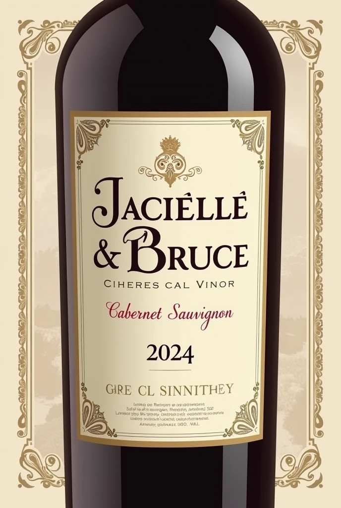 Create a classic and elegant label for Jacielle wine & Bruce 2024 in vector format, suitable for printing. Use traditional and sophisticated typography for the name "Jacielle & Bruce" my name is "2024". The design must reflect the quality and sophistication of Cabernet Sauvignon wine. Use a sober and timeless color palette, like shades of gold, burgundy and cream, to complement the color of the wine.Additional Elements: Include a delicate border or frame and a placeholder for additional winery information or tasting notes., if desired. Make sure your design is created in vector format to ensure quality and accuracy when printed..minimalism, illustration, high resolution, precise, HD Model, high qualiy, super detaill, ultra HD, 