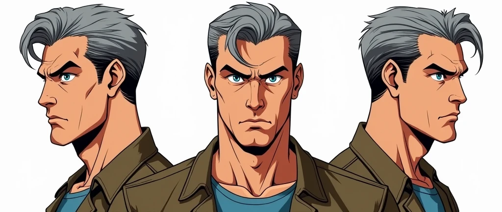 Character of an adult male named John Smith. He has fair skin with a few freckles, short gray hair slicked back with hints of brown, and intense blue eyes with a watchful expression. His build is stocky and muscular. The style should mix 1980s comic book art with 1980s anime, Different angles, character sheet, white background --3:2 aspect ratio, character poses, character expression 