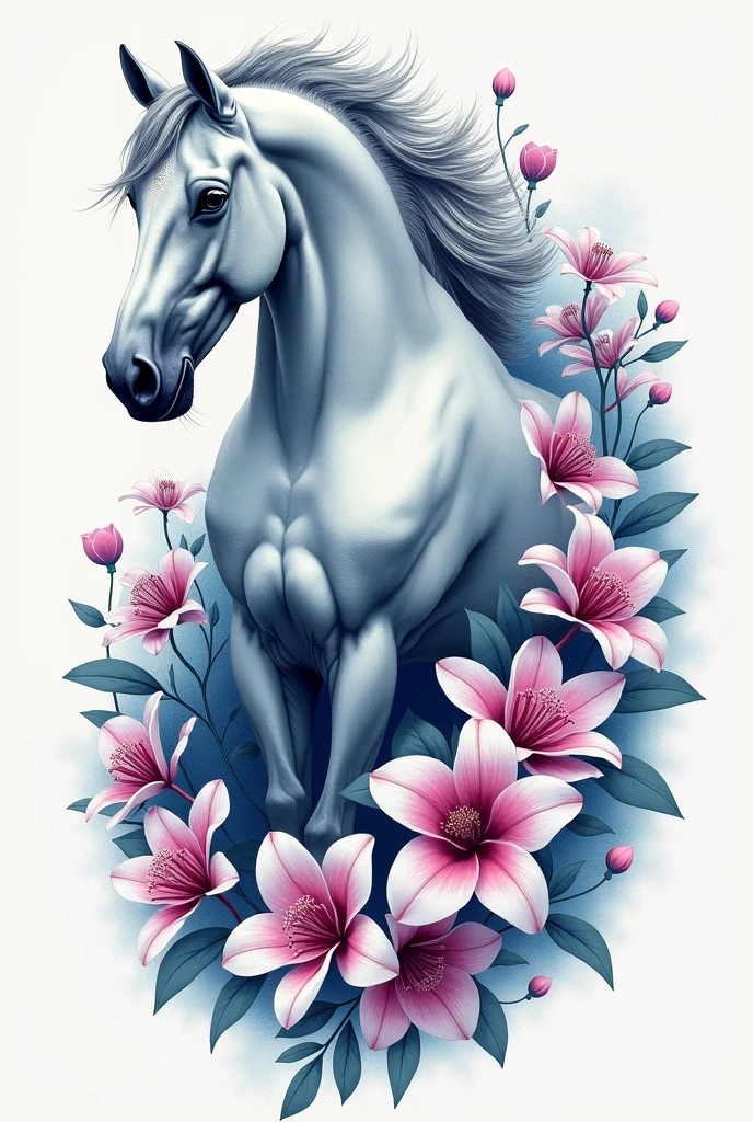 I want a unique and exclusive tattoo drawing, It is a horse with a grey or white coat that has fuchsia-blue orchid flowers around it and white gardenia flowers that merge with the Formula 1 car.