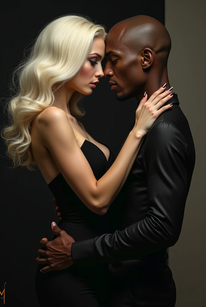 Realistic image of an elegant woman with long platinum hair, hazel green eyes and wearing black dress. She is gorgeous but cold looking, A very attractive black bald black man stands behind her holding her close as they gaze into each other's eyes 