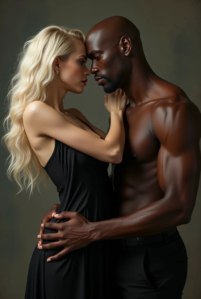 Realistic image of an elegant woman with long platinum hair, hazel green eyes and wearing black dress. She is gorgeous but cold looking, A very attractive black bald black man stands behind her holding her close as they gaze into each other's eyes 