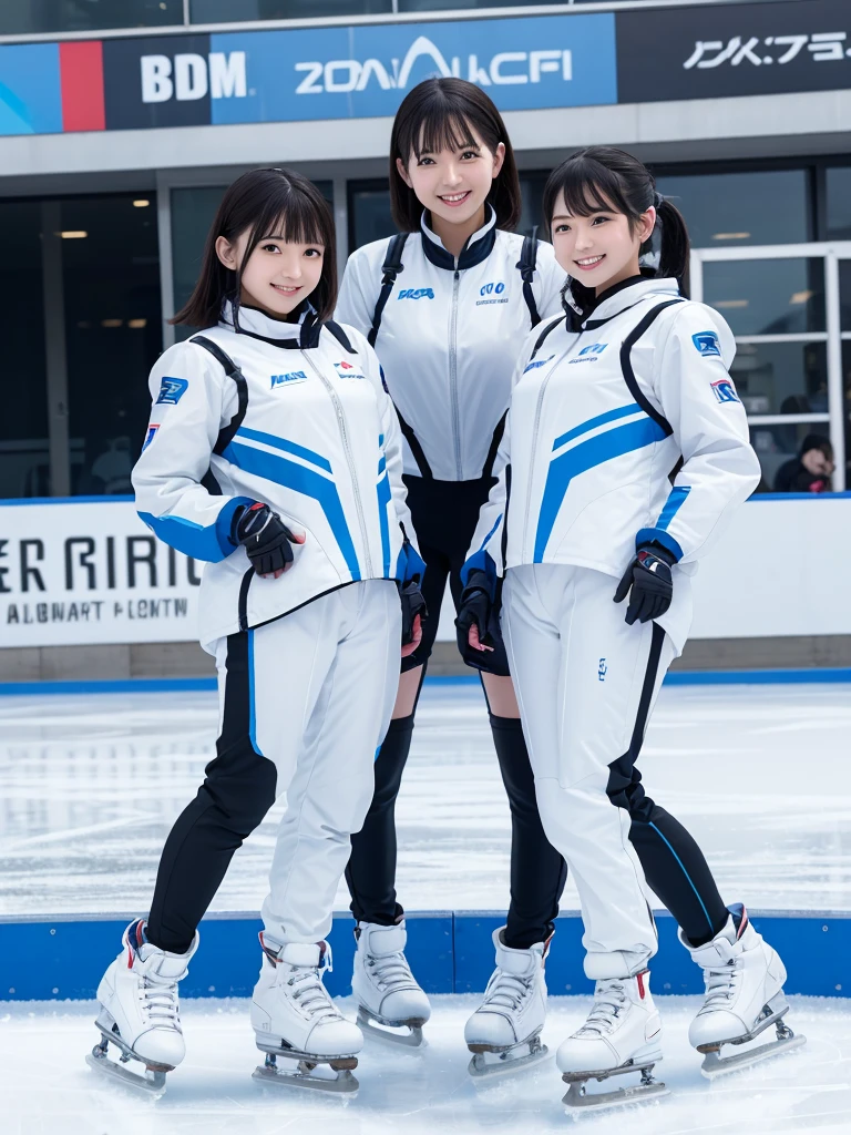 Japanese female android sisters,Black Hair,White and blue robot suit,Plump,Skating on an outdoor ice rink,smile,