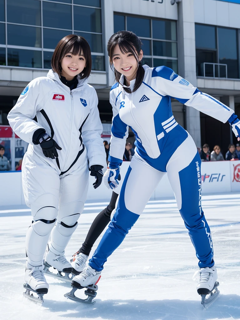 Japanese female android sisters,Black Hair,White and blue robot suit,Plump,Skating on an outdoor ice rink,smile,