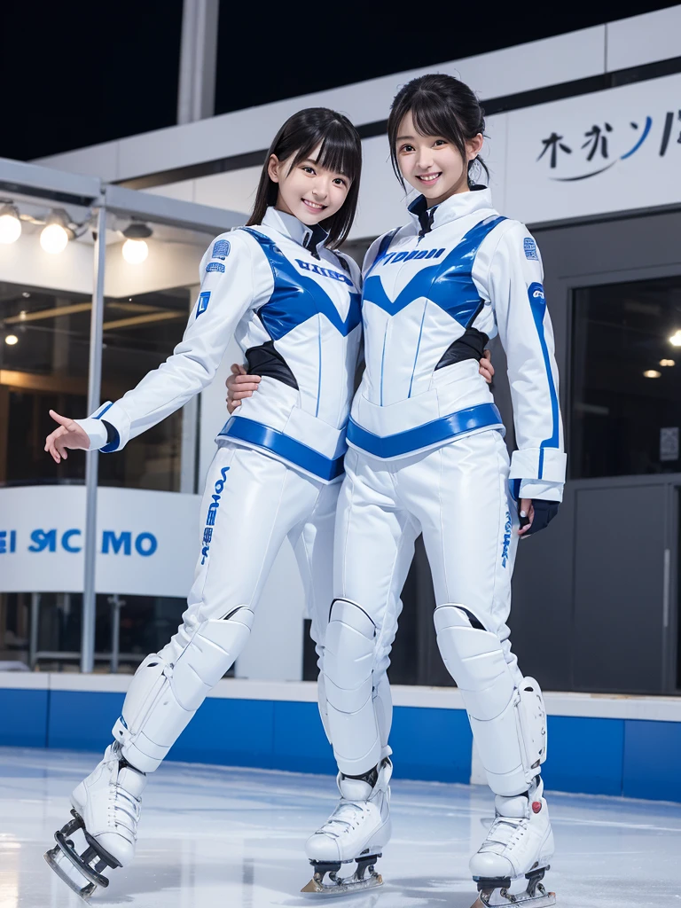 Japanese female android sisters,Black Hair,White and blue robot suit,Plump,Skating on an outdoor ice rink,smile,