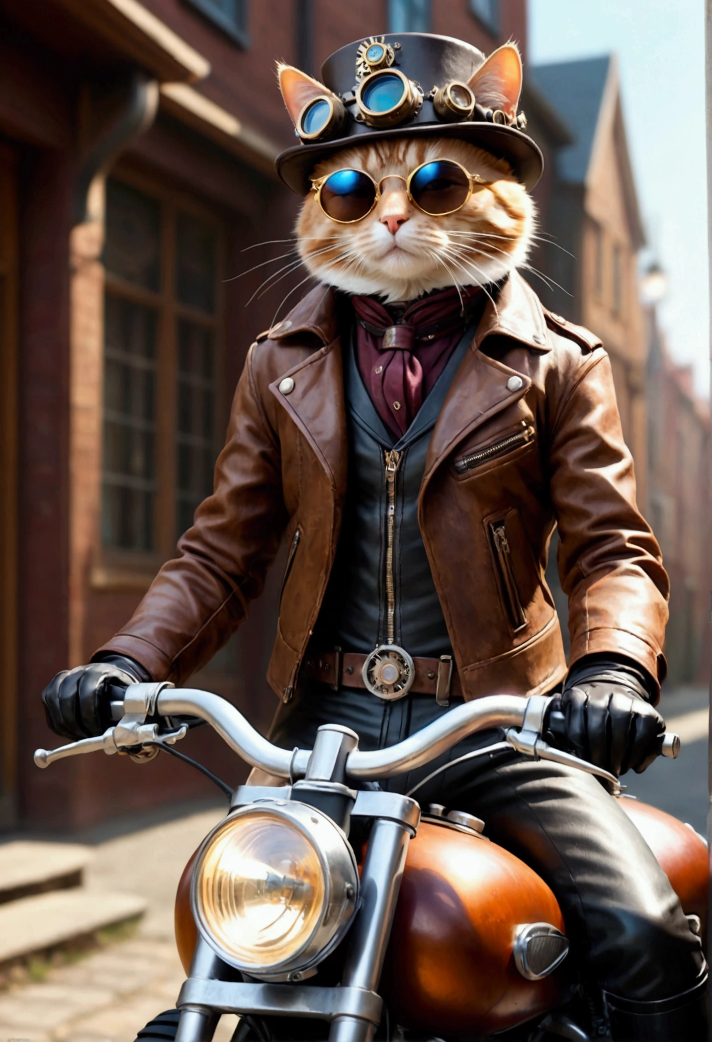 (anatomically perfect) sweeter, detailed cat on a steampunk motorcycle(Bright and clear), steampunk hat with sunglasses on the side, Wears a brown leather jacket and a colorful leather overall, Leather gloves, black boots, Waldstadt, (Waldthema), (masterpiece, best quality, 8k, keen focus, Writing depth, The best shadow, perfect light, High Dynamic Range, realistic skin texture, super detailed background), wide-angle lens