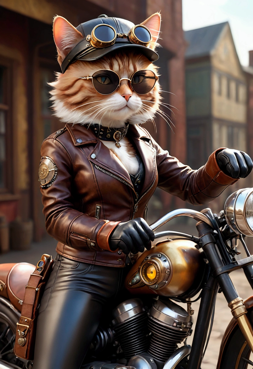 (anatomically perfect) sweeter, detailed cat on a steampunk motorcycle(Bright and clear), steampunk hat with sunglasses on the side, Wears a brown leather jacket and a colorful leather overall, Leather gloves, black boots, Waldstadt, (Waldthema), (masterpiece, best quality, 8k, keen focus, Writing depth, The best shadow, perfect light, High Dynamic Range, realistic skin texture, super detailed background), wide-angle lens
