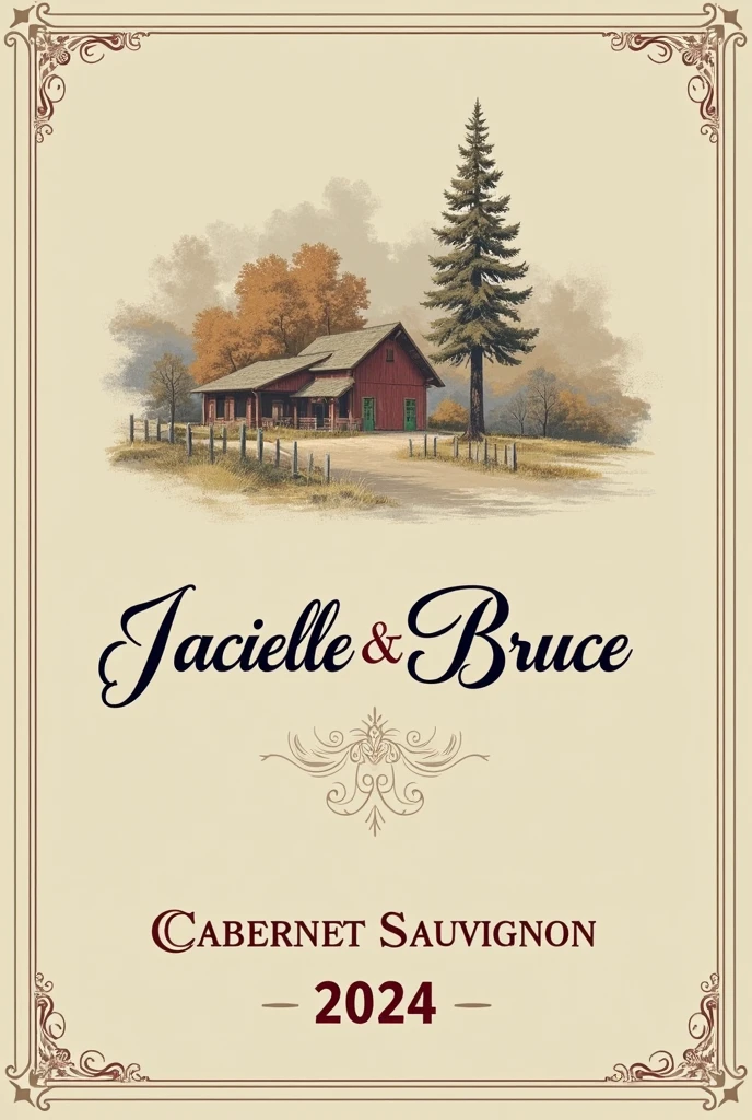 Create a classic and elegant label for Jacielle wine & Bruce 2024 in vector format, suitable for printing. Use traditional and sophisticated typography for the name "Jacielle & Bruce" my name is "2024". The design must reflect the quality and sophistication of Cabernet Sauvignon wine. Use a sober and timeless color palette, like shades of gold, burgundy and cream, to complement the color of the wine.Additional Elements: Include a delicate border or frame and a placeholder for additional winery information or tasting notes., if desired. Make sure your design is created in vector format to ensure quality and accuracy when printed..minimalism, illustration, high resolution, precise, HD Model, high qualiy, super detaill, ultra HD,
