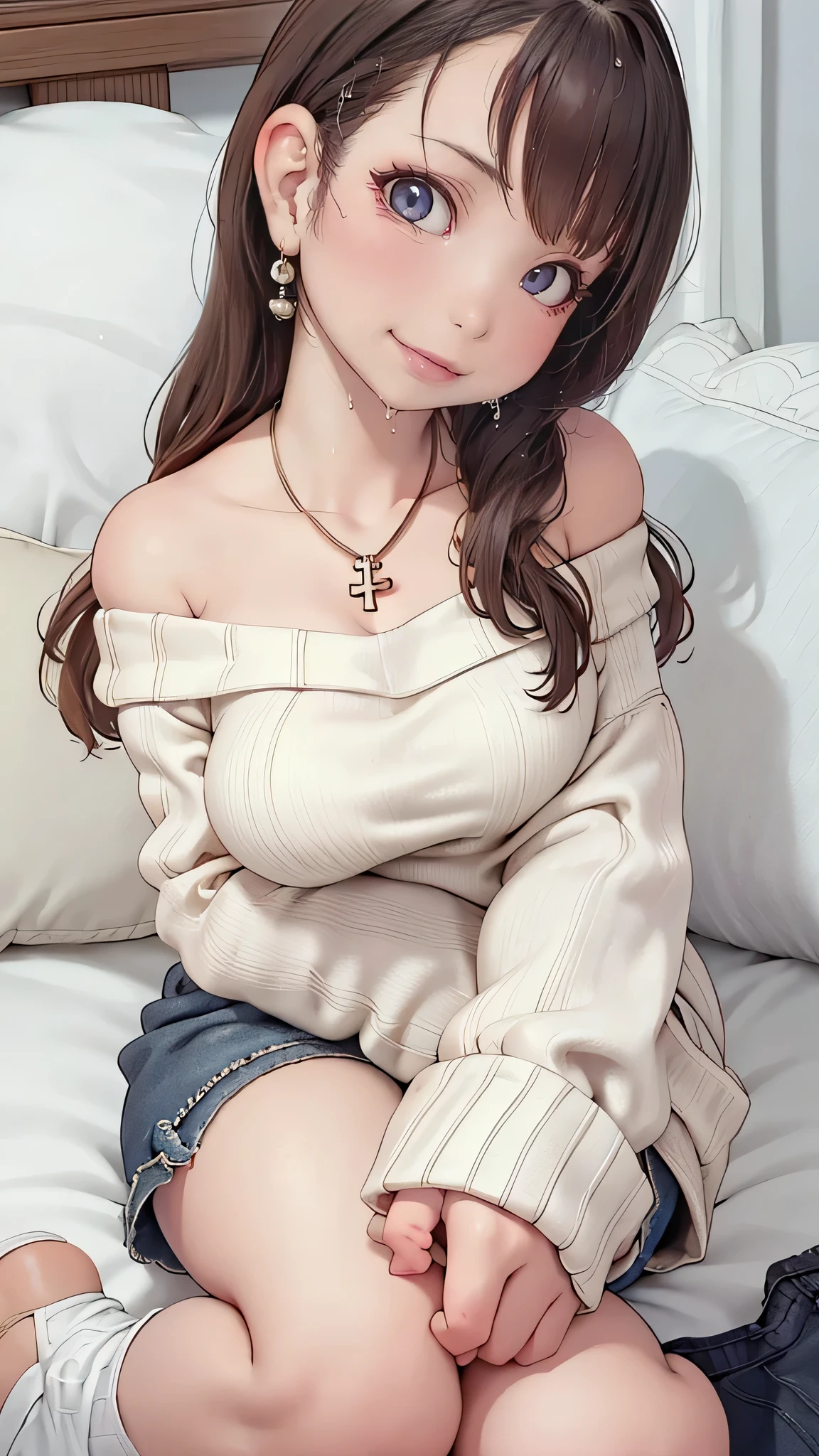 (table top, highest quality, High resolution, , perfect pixel, 4k,), 1 girl, single, alone, Beautiful woman、I could see the whole body、 ((wavy middle hair, bangs, brown hair)), ((brown eyes, beautiful eyelashes, realistic eyes)), ((detailed face, blush:1.2)), ((smooth texture:0.75, realistic texture:0.65, realistic:1.1, Anime CG style)), medium breasts, dynamic angle, perfect body, ((, beige off shoulder sweater、Tight denim skirt、black stockings、cute necklace、earrings、)), upper grade、shy smile、Luxury hotel room、sleep on your back in bed、((open legs))、angle from below、Put your arms together to accentuate your cleavage、、((Pink lace panties are visible))、