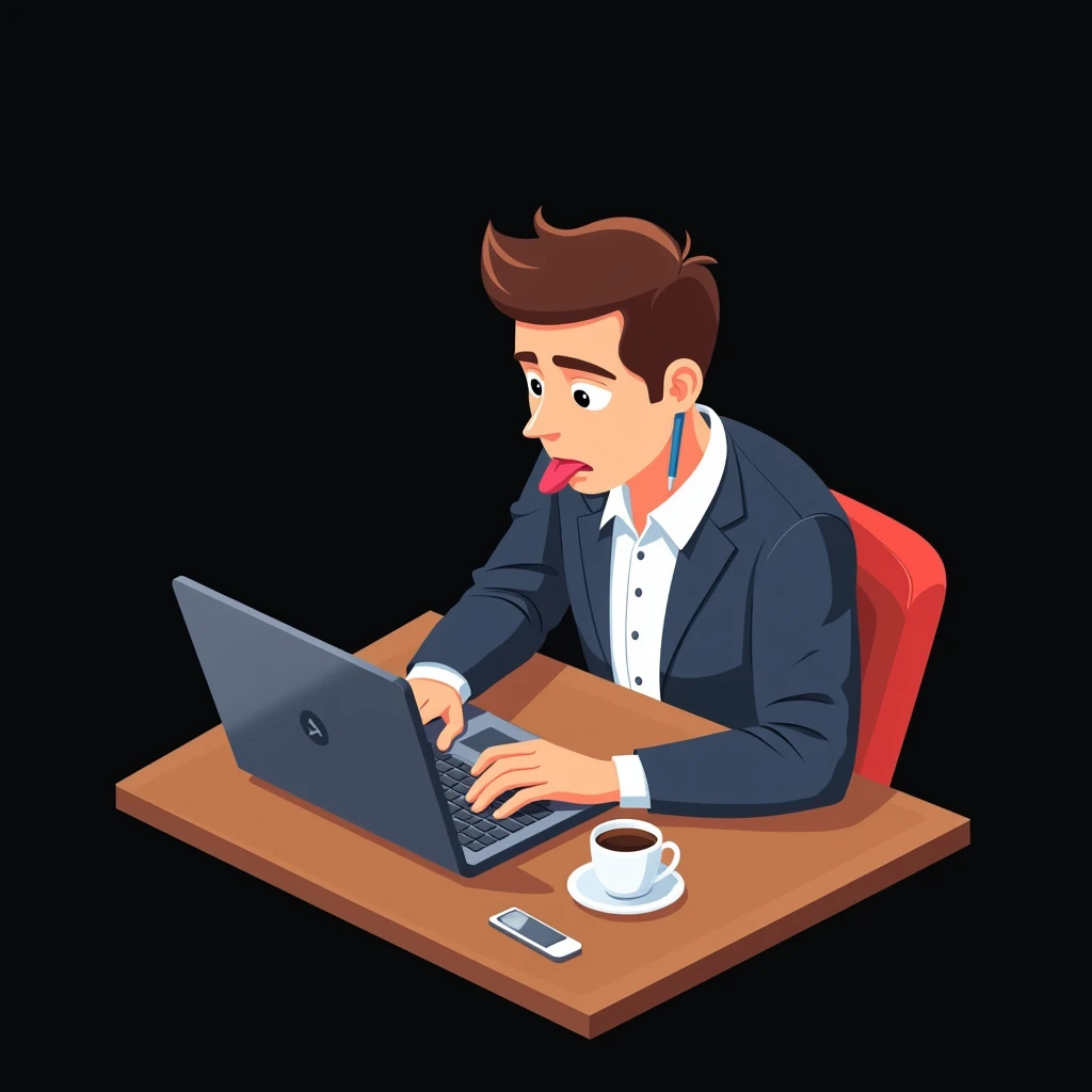dynamic angle , a flat colored cartoon of a hardworking man working before a laptop , pen on his ear, coffee beside his laptop , biting on his tongue , minimal and simple , uniform black background,
