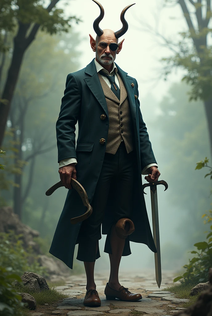 Make a man of about 40 years old with an elegant suit. On top of your head, has two horns. His left eye is covered by a pirate eyepatch., while in his right eye he has a cut scar, similar to that of the character of Scarface. His arms are long and, instead of human hands, On his left arm he has a pirate hook and on his right arm a sword.. Her legs are short and, instead of a human foot, his left foot is a chicken's foot.
It is in a quiet and relaxing landscape