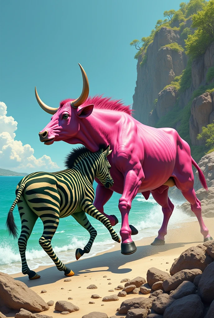 A pink cow fighting a wild green Zebra on the coast of Greece