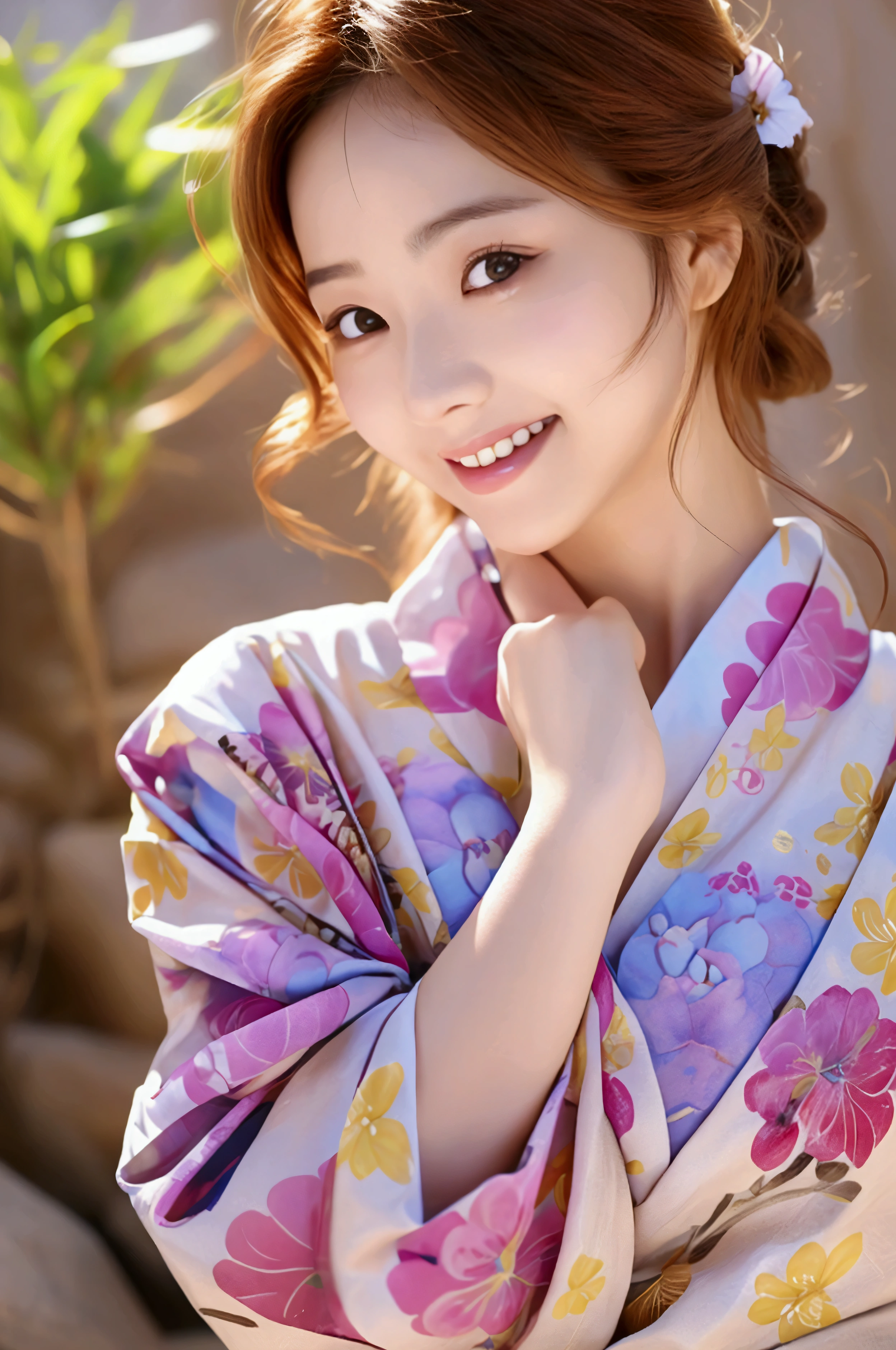 smile, Okinawa, Ryukyu, front, 最high quality、high quality、Best image quality、8k、最High resolution、High resolution、Realistic photos, Healthy body, Beautiful Eyes, flowing brown hair, Colorful kimono, Calm expression, Soft lighting, Traditional Japanese art style, Vibrant colors, Peaceful atmosphere, Delicate features, Graceful posture, Beautiful Landscape, 1