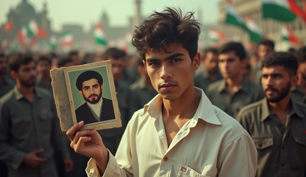 Prompt 2: A close-up shot of a young Iranian revolutionary man in white abit oversized shirt, holding a photograph of Ayatollah Khomeini. hiseyes are intense, filled with resolve, as she stands amidst a crowd of fellow revolutionaries. The lighting is soft, with shadows accentuating the depth of her expression. The image has the characteristic grain and slight blur of an old camera, capturing the emotional weight of the moment.