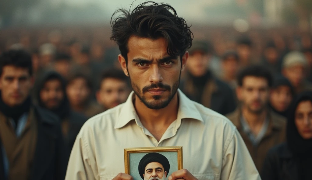 Prompt 2: A close-up shot of a young Iranian revolutionary man in white abit oversized shirt, holding a photograph of Ayatollah Khomeini. hiseyes are intense, filled with resolve, as she stands amidst a crowd of fellow revolutionaries. The lighting is soft, with shadows accentuating the depth of her expression. The image has the characteristic grain and slight blur of an old camera, capturing the emotional weight of the moment.