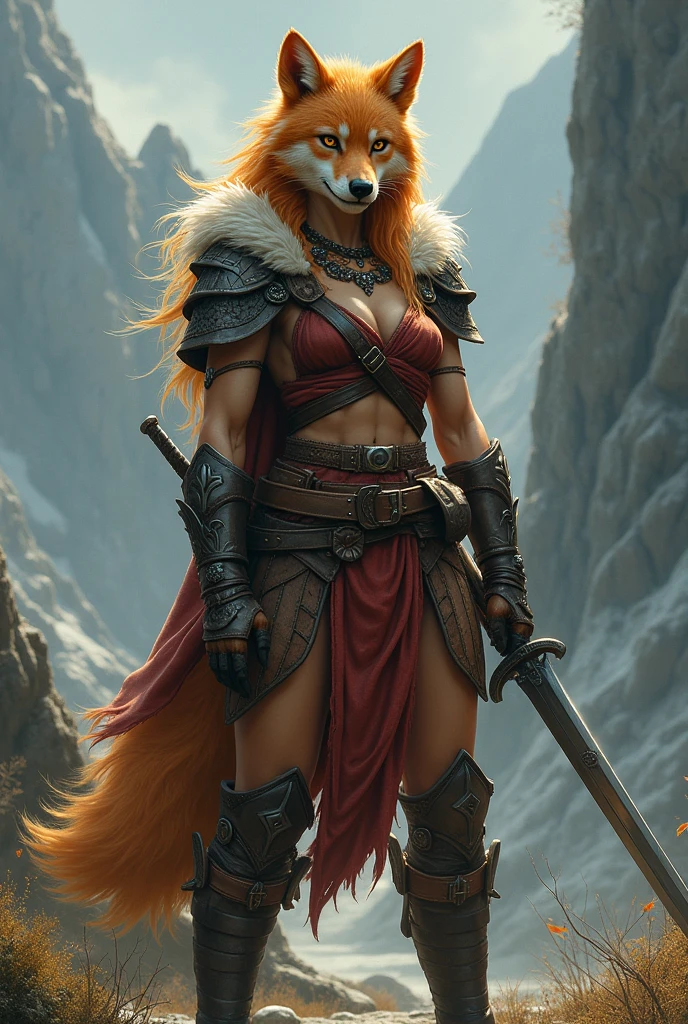 Belle jeune louve anthropomorphe, avec une belle fourrure sur tout le corps, portant une tenue de guerrière et une épée