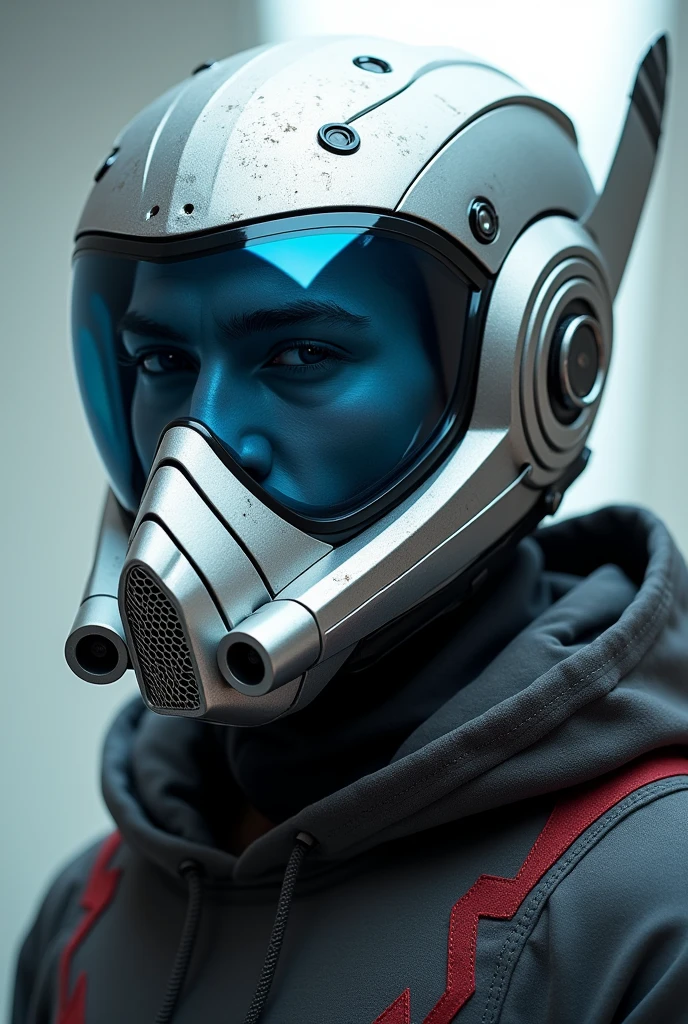 1 man, silver motorcycle helmet, snorkeling mask, portrait halfbody shoot. Silver two pipe tube from mouth to head. Future design.. high tech. Wear google safety eyes glowing blue. The tube connect from head to mouth. Future headphone design blue led light detail. Starlord helmet design concepts. Very detail . High tech costume. Marvel. T shape on the helmet. Small scratches on the helmet. The blue visor honeycomb style concept. T shape spoiler antenna on the helmet, nose and mouth covered by mask metal. Wear cyberpunk hoodie spike shape red stripe. .(( CAR SPOILER ON HELMET.))
