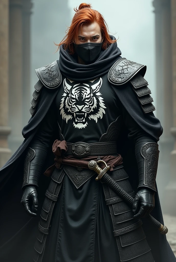 A tall, red-haired man with brown eyes wearing black armor with a cape and hood on the cape has the design of a white tiger he wears a mask of a white tiger he has two curved swords at his waist