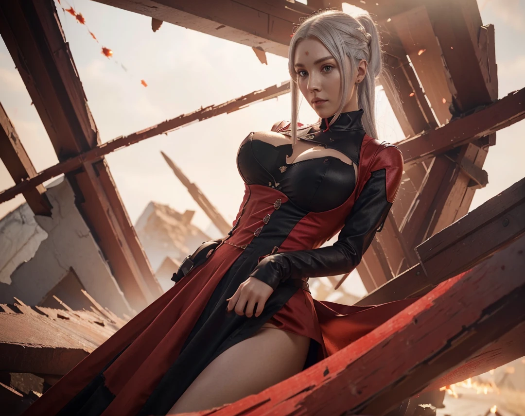 1female, red dress, silver hair, Edelgard((Fire_emblem)), chaos. Red particles, red fire, blazing fire, beautiful woman, detailed hair, big breasts, lovely woman, perfect body, ((detail, very detailed, 8K)), ((best quality, best resolution)), ((masterpiece)).