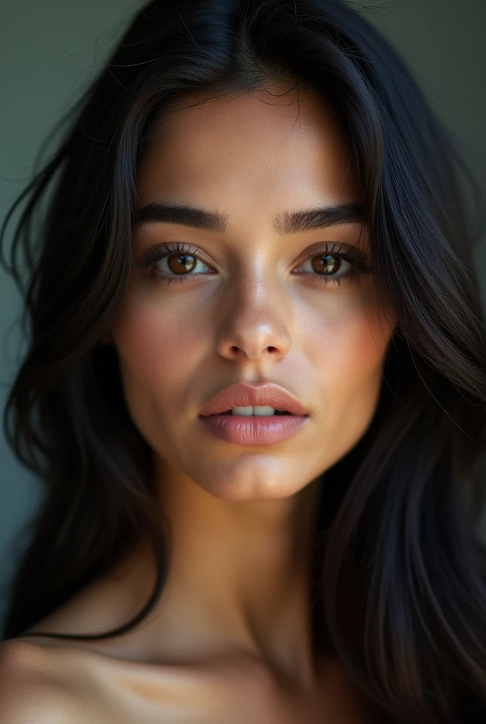 modèle instagram , avec de longs cheveux noirs et raides , avec une origine colombienne et d'environ 25ans, une photo de son visage vue de face