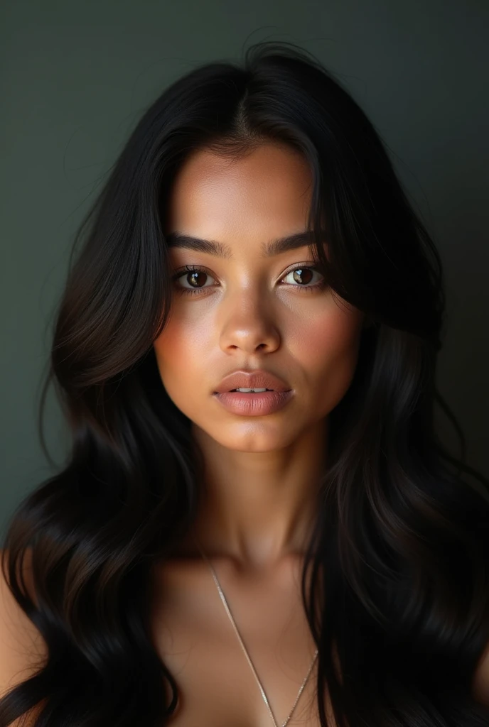 modèle instagram , avec de longs cheveux noirs et raides , avec une origine colombienne et d'environ 25ans, une photo de son visage vue de face