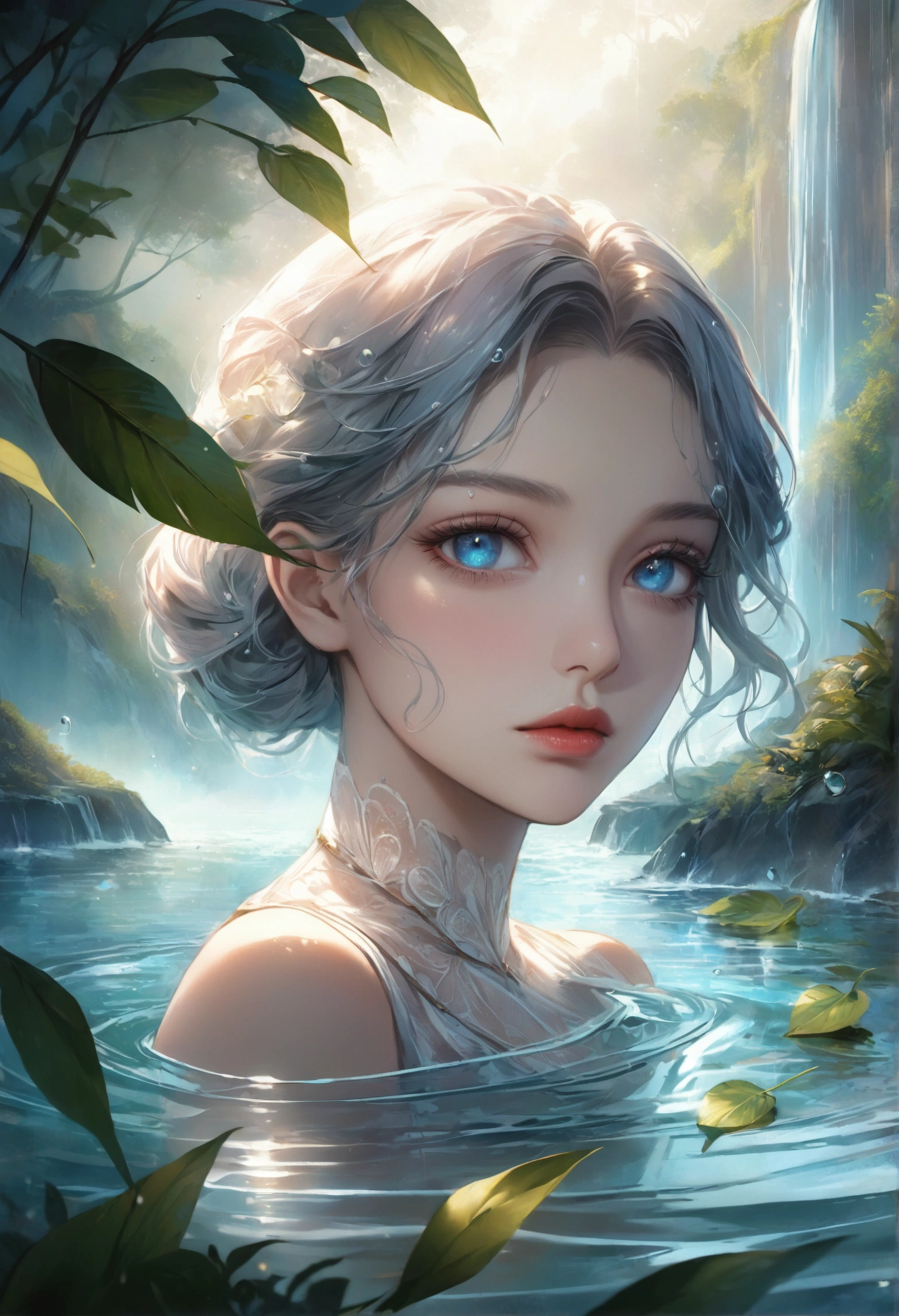 waterfall scenery, bright canvas, The waves are swirling, Transparent holographic reflection, Surreal landscape created by water droplets, Leaves viewers speechless, A beautiful world, 1 british woman, detailed eyes, detailed lips, very detailed face, long eyelashes, Beautiful and detailed portraits, elegant, tranquil expression, summer, high quality, 8k, realistic, surrealist, studio lighting, Physically Based Rendering, vivid colors, movie lights, dramatic lighting, soft lighting, dramatic contrast, clear, ethereal, dreamlike, mysterious, magical, fancy, concept art