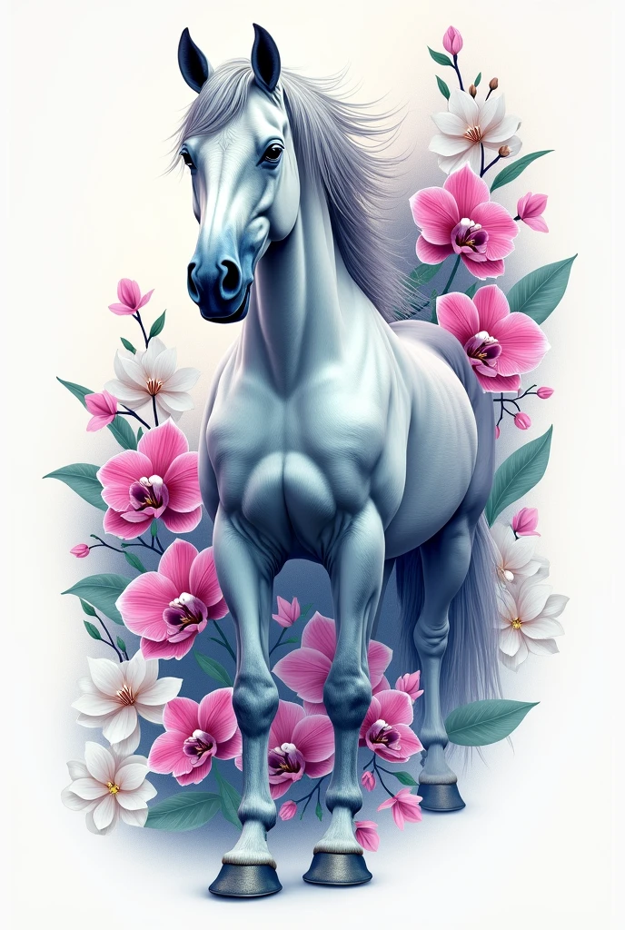 I want a unique and exclusive tattoo drawing, It is a horse with a grey or white coat that has fuchsia-blue orchid flowers around it and white gardenia flowers that merge with the Formula 1 car.