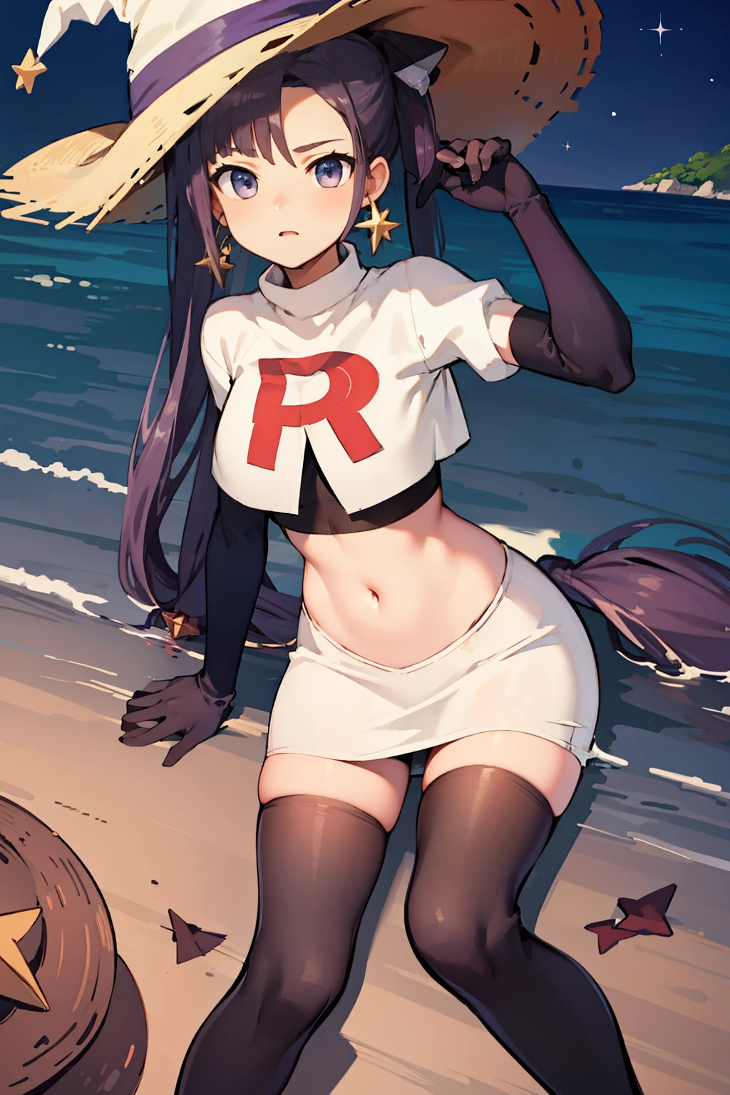 ((masterpiece,best quality)), team rocket,team rocket uniform,white skirt,red letter R,crop top,black thigh-highs,black elbow gloves, purple_hair, zettai ryouiki, aamona, long hair, twintails, star_earrings,hair ornament, hat, jewelry, star_\(symbol\), witch_hat, earrings, purple headwear, cowboy shot,