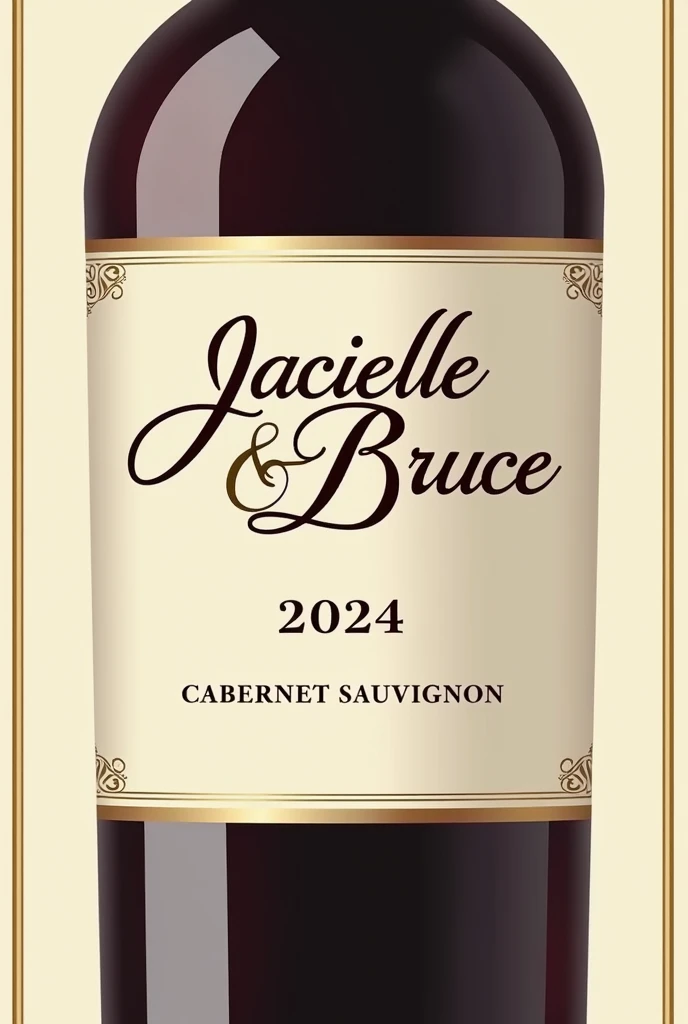 Create a classic and elegant label for Jacielle wine & Bruce 2024 in vector format, suitable for printing. Use traditional and sophisticated typography for the name "Jacielle & Bruce" my name is "2024". The design must reflect the quality and sophistication of Cabernet Sauvignon wine. Use a sober and timeless color palette, like shades of gold, burgundy and cream, to complement the color of the wine.Additional Elements: Include a delicate border or frame and a placeholder for additional winery information or tasting notes., if desired. Make sure your design is created in vector format to ensure quality and accuracy when printed..minimalism, illustration, high resolution, precise, HD Model, high qualiy, super detaill, ultra HD, 