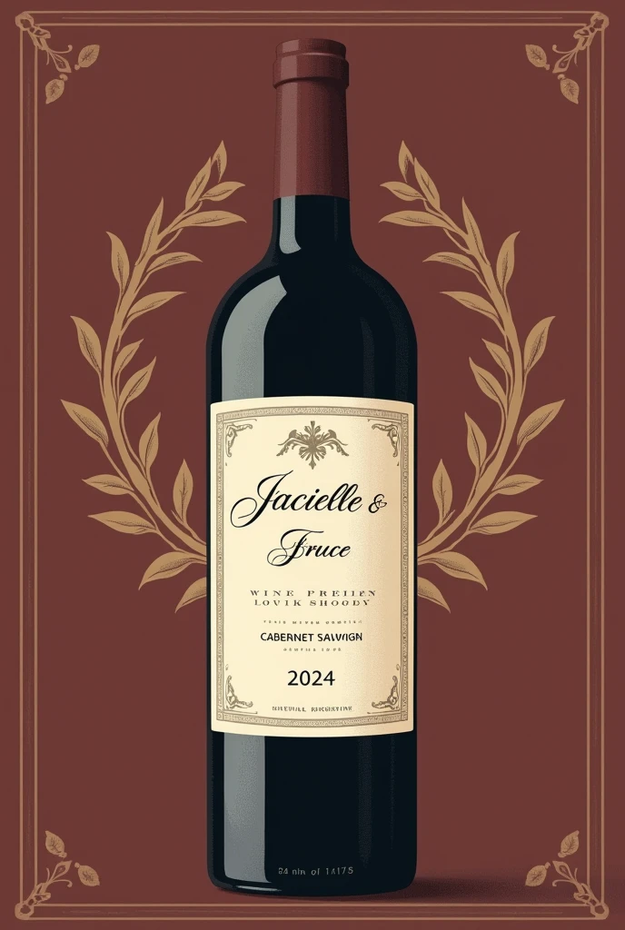Create a classic and elegant label for Jacielle wine & Bruce 2024 in vector format, suitable for printing. Use traditional and sophisticated typography for the name "Jacielle & Bruce" my name is "2024". The design must reflect the quality and sophistication of Cabernet Sauvignon wine. Use a sober and timeless color palette, like shades of gold, burgundy and cream, to complement the color of the wine.Additional Elements: Include a delicate border or frame and a placeholder for additional winery information or tasting notes., if desired. Make sure your design is created in vector format to ensure quality and accuracy when printed..minimalism, illustration, high resolution, precise, HD Model, high qualiy, super detaill, ultra HD,