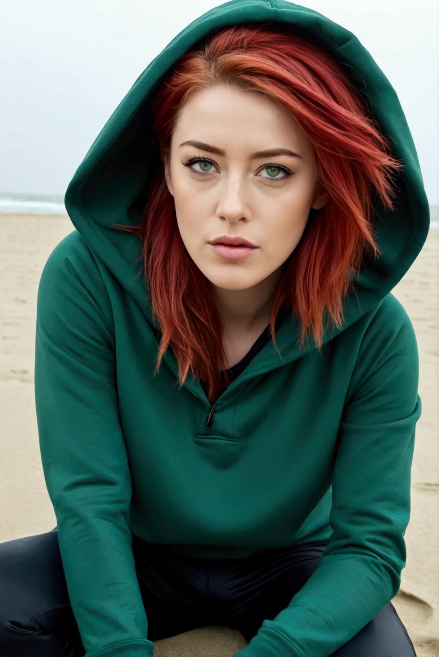 girl, red hair, green eyes, amber heard, pixie, Gigantic hoody and jogging bottoms, dull light, sat on rainy beach