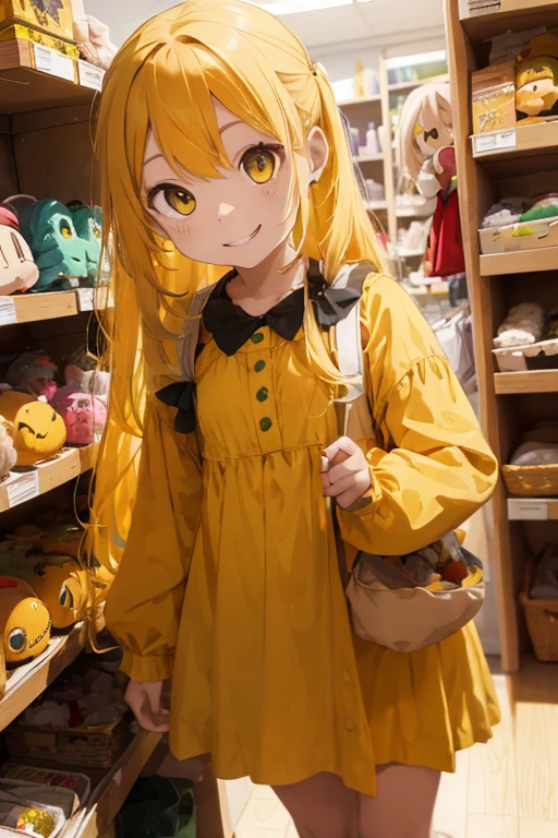 1 female, as a child, green yellow long hair, yellow eyes, child body, orange long sleeve dress, doll store, happy face, rosa cheeks