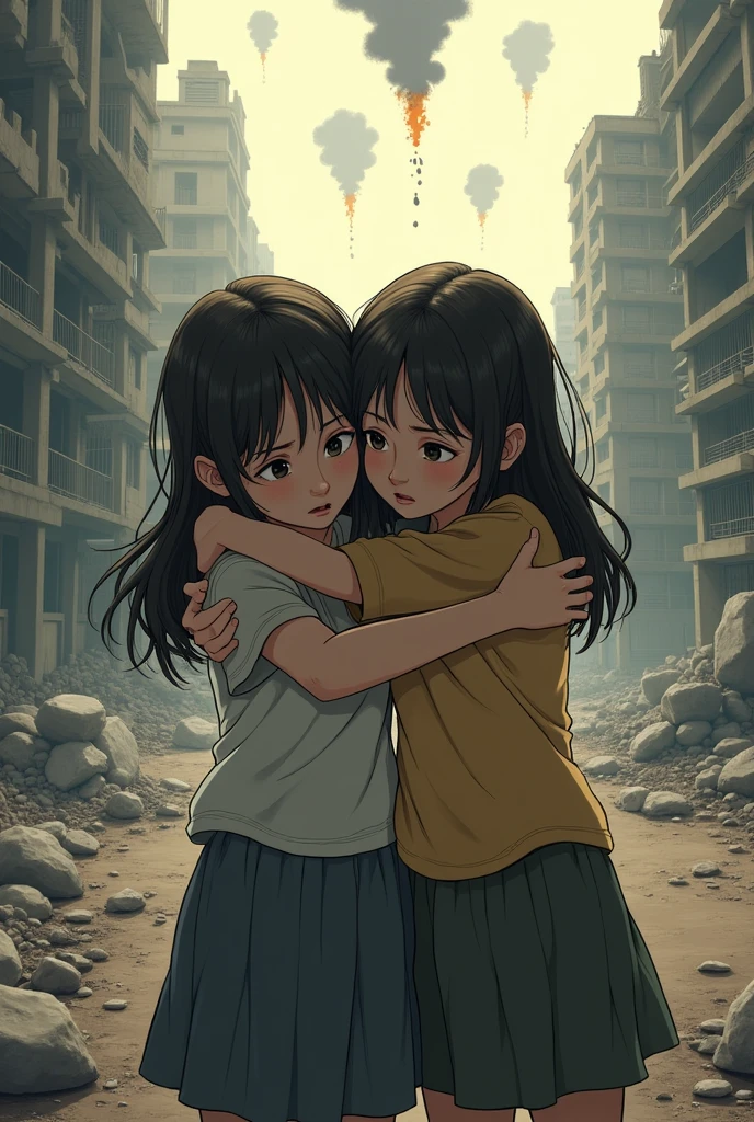 Identical twin sisters hugging each other in fear、2024; (masterpiece, Highest quality) Destroyed city (Hanoi)Two sad girls looking up(close); Bombs falling from the sky.
