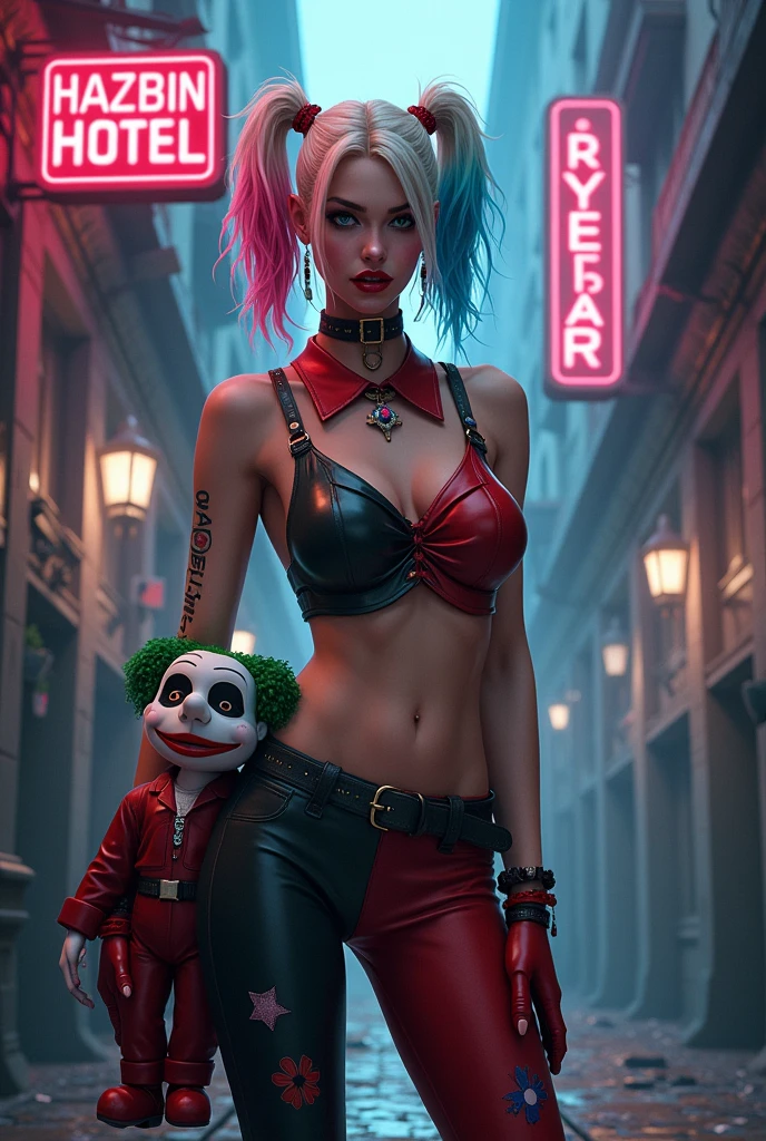 harley quinn with hazbin hotel style, but with a new cut. Also that I have a Joker stuffed animal