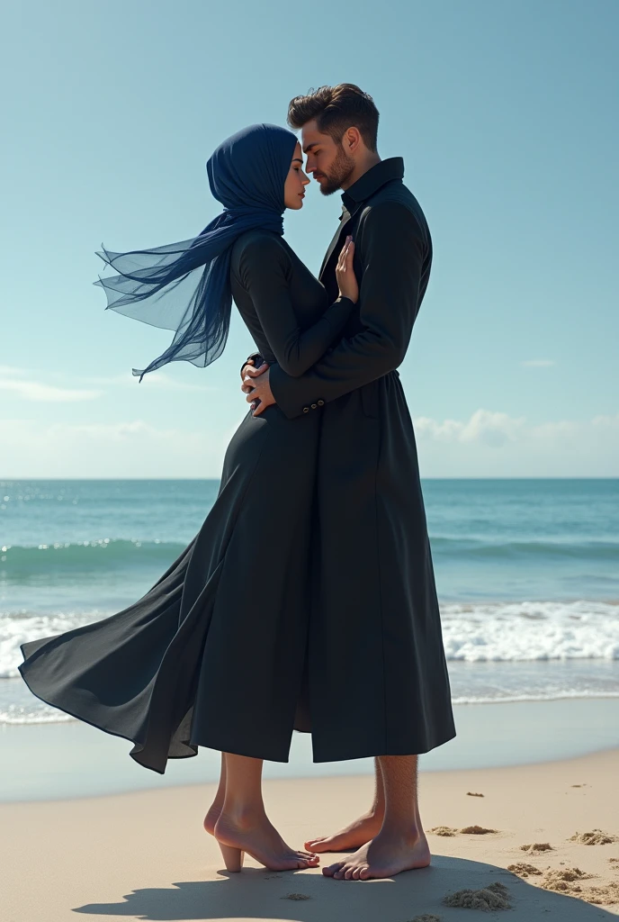 Navy blue headscarf on the beach, black long closed coat, barefoot, Sexy skinny woman bent over. Man hugs woman from behind.