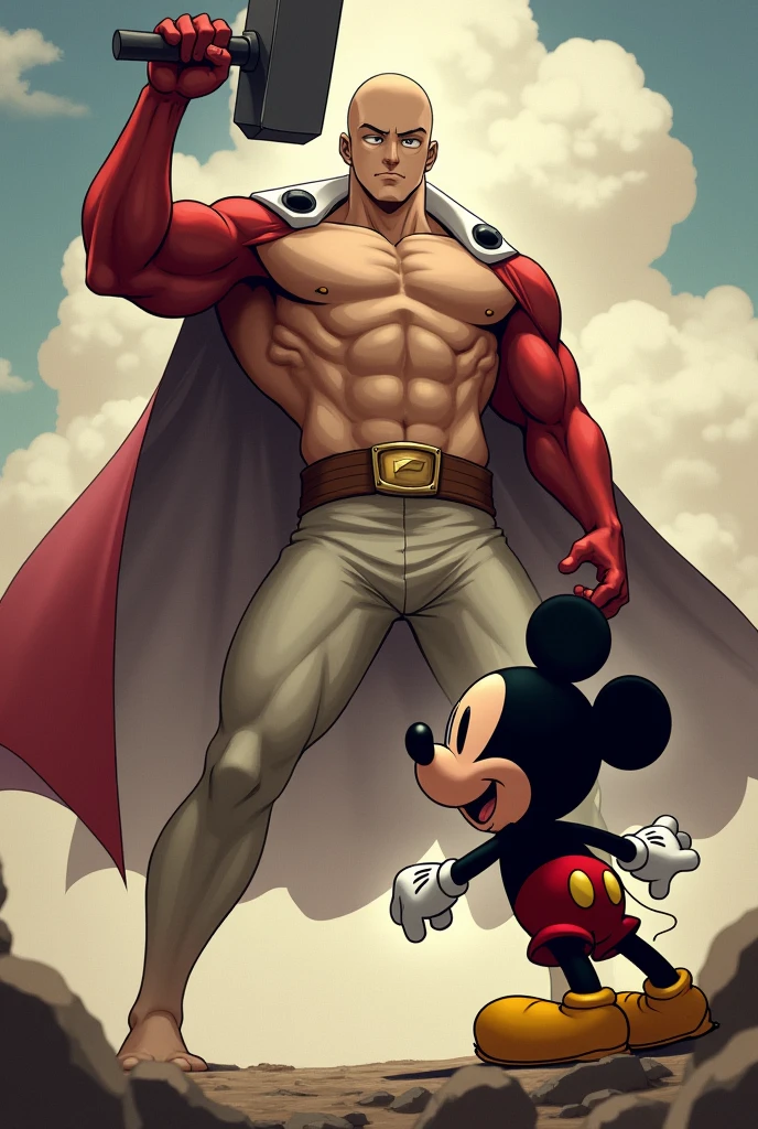 Saitama with a hammer smashing mickeu mouse