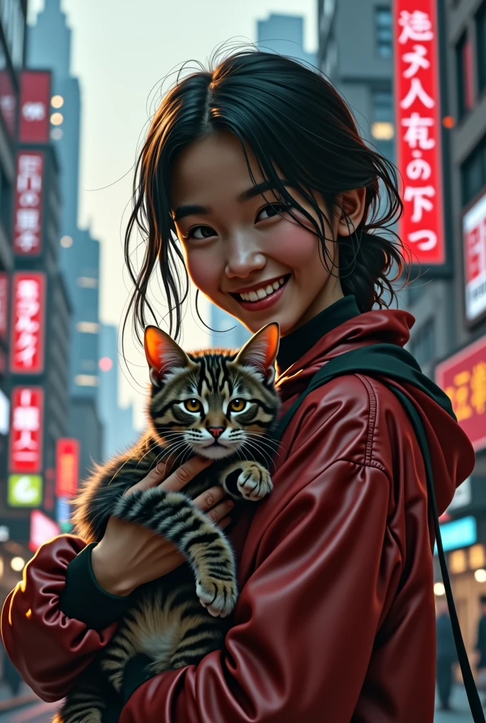 detailed cinematic fine details portrait of joyful girl with a cat on hands, wearing modern clothing, in cyberpunk futuristic city. by rembrandt 1667, illustration, by konstantin razumov