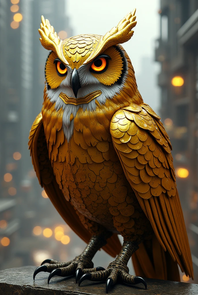 a futuristic golden owl in texture , bring more realistic effect
