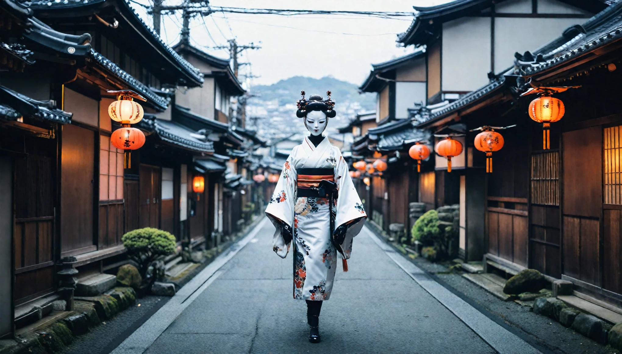 torii、temple、Bobcut、White Mask、Noh mask、Creating an image of a female android in a beautiful kimono walking through the streets of Kyoto. The style is terrible, and the fusion of humans and Robots has a mysterious and creepy atmosphere amidst the beauty. In the background is an old Japanese cityscape. It has a long neck made of machines and wears a mask. Imagine a strange and eerie picture - Ar 9:16.
creepy atmosphere, fusion, horor, Japanese cityscape, long neck, Robots, at 6