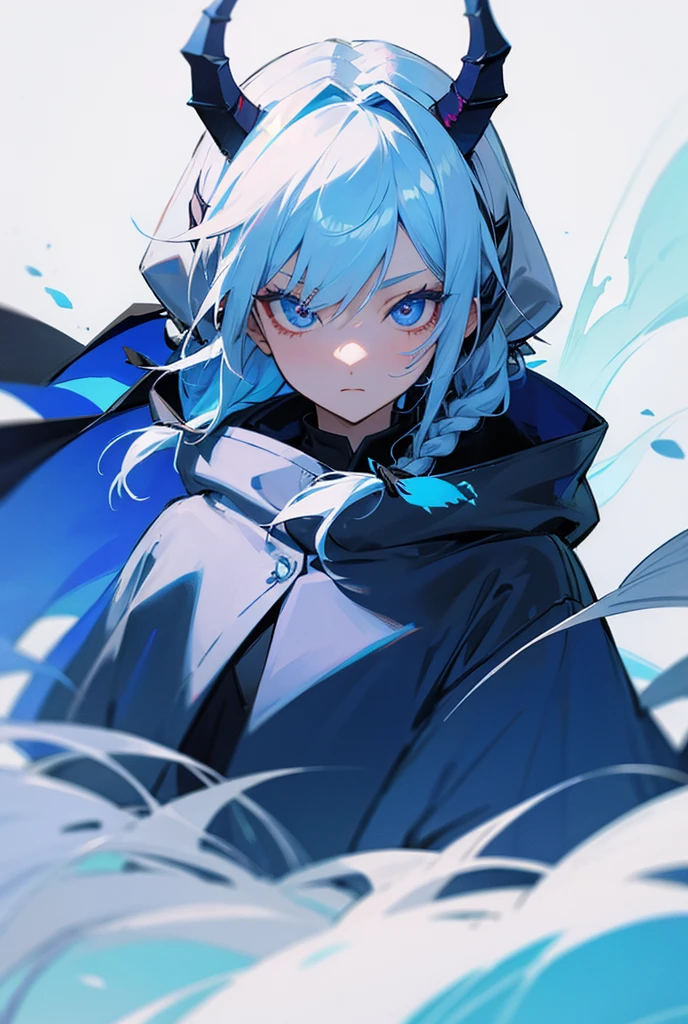 Blue Hair, Braid, White Hair, Braid, Close-Up, Horns, Demon Horns, Hood Up, Anime, Anime Style, 