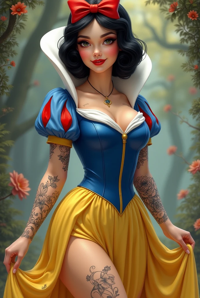 beautiful snow white pin up girl in the style of Walt Disney, dressed in a blue and yellow dress with a red bow on her head, black hair, fairytale body art, in the style of Artgerm illustration, tattoos, pinups, golden age aesthetics, hyper detailed, high resolution, full hd