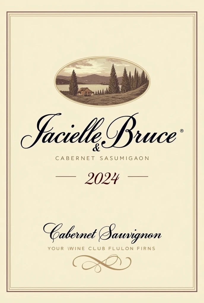 Create a classic and elegant label for Jacielle wine & Bruce 2024 in vector format, suitable for printing. Use traditional and sophisticated typography for the name "Jacielle & Bruce" my name is "2024". The design must reflect the quality and sophistication of Cabernet Sauvignon wine. Use a sober and timeless color palette, like shades of gold, burgundy and cream, to complement the color of the wine.Additional Elements: Include a delicate border or frame and a placeholder for additional winery information or tasting notes., if desired. Make sure your design is created in vector format to ensure quality and accuracy when printed..minimalism, illustration, high resolution, precise, HD Model, high qualiy, super detaill, ultra HD,