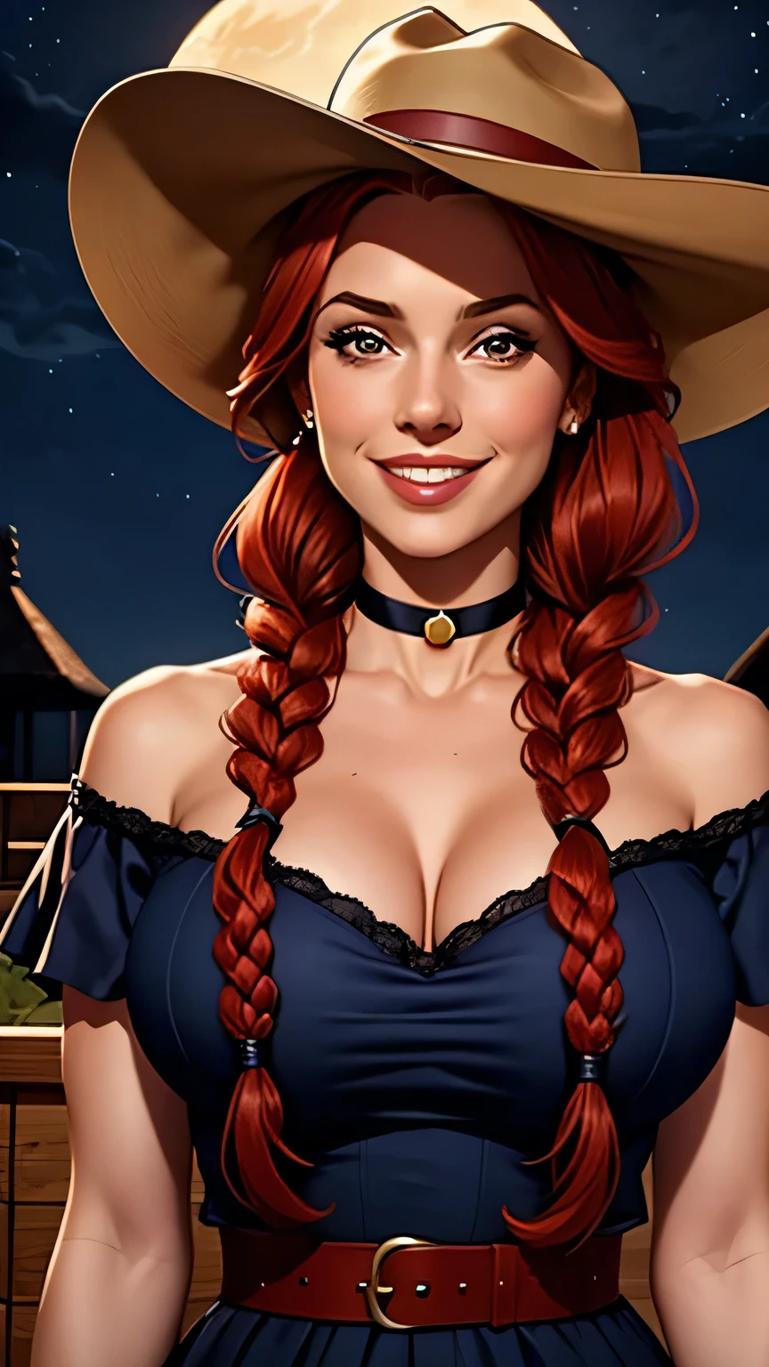 1girl, 2, twin braids, bust, solo, décolletage, cowboy hat, large bust, smile, long hair, red hair, upper body, looking at viewer, moon, choker, night