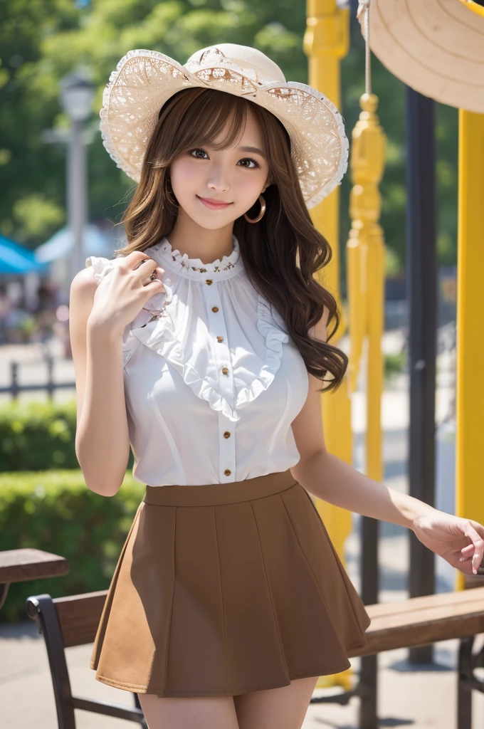 (8k, RAW photo, best quality, masterpiece:1.2), (realistic, photo-realistic:1.4), ultra-detailed, perfect anatomy, perfect limbs, perfect hand, depth of field, wide shot, cute japanese model pictures, Beautiful Face, in a summer amusement park, (brown eyes), (dark blonde loosely curled hair.), She is looking at this way, smiling, She has blunt artificial nails, She is standing shyly in front of the bench, facing me., BREAK, (Ultra micro mini frilled skirt), (White sleeveless blouse), ((cowboy shot)), 