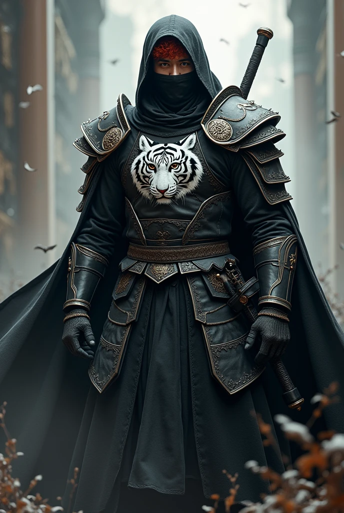 A tall, red-haired man with brown eyes wearing black armor with a cape and hood on the cape has the design of a white tiger he wears a mask of a white tiger he has two curved swords at his waist