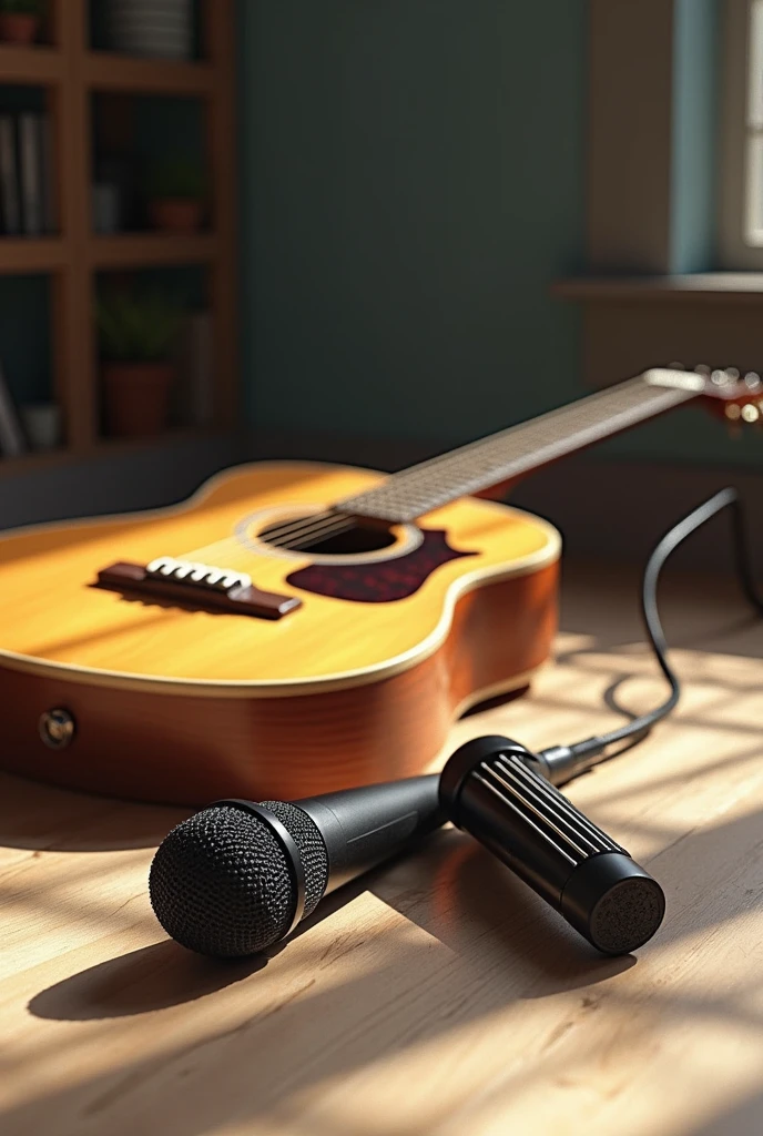 Generate images of a guitar and a microphone together on the floor loose with those codes