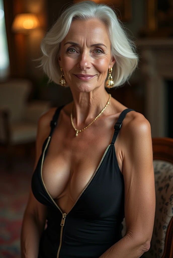 Incredibly sexy Scandinavian milf, 60 years old, wrinkled, double chin, in an elegant noble manor hall, ultra deep cleavage, extremely sexy fetish skimpy dress with zippers and slits, black sexy underwear visible, inviting candid smile, classy jewelry, fitness, perfect lights, professional full body photo shooting, stiletto shoes, nipples noticeable under her dress, charming, femme fatale, hyper realistic portrait