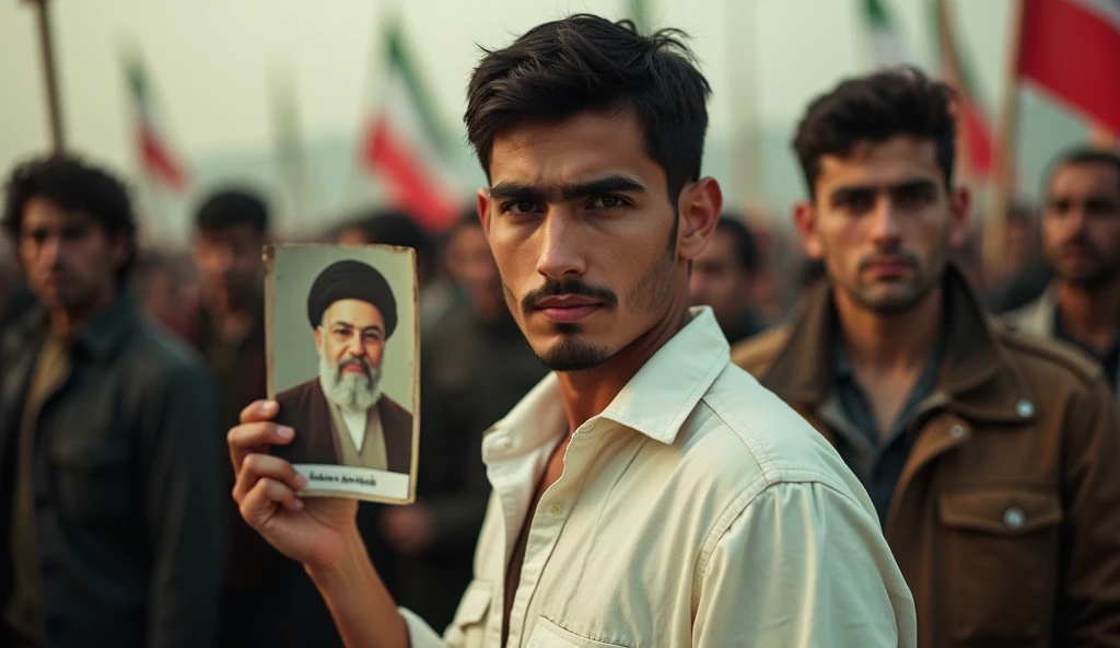 Prompt 2: A close-up shot of a young Iranian revolutionary man in white abit oversized shirt, holding a photograph of Ayatollah Khomeini. hiseyes are intense, filled with resolve, as she stands amidst a crowd of fellow revolutionaries. The lighting is soft, with shadows accentuating the depth of her expression. The image has the characteristic grain and slight blur of an old camera, capturing the emotional weight of the moment.