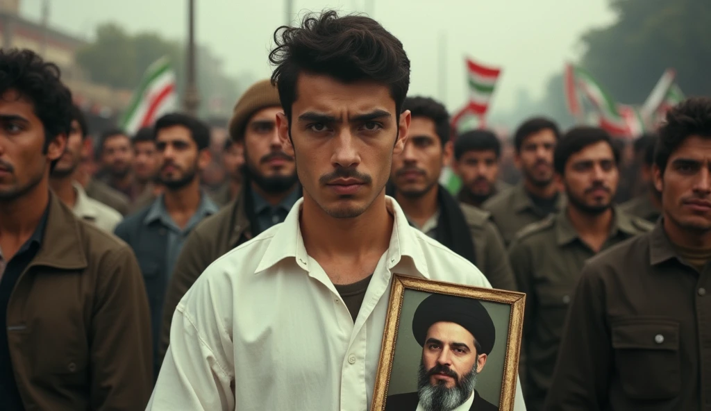 Prompt 2: A close-up shot of a young Iranian revolutionary man in white abit oversized shirt, holding a photograph of Ayatollah Khomeini. hiseyes are intense, filled with resolve, as she stands amidst a crowd of fellow revolutionaries. The lighting is soft, with shadows accentuating the depth of her expression. The image has the characteristic grain and slight blur of an old camera, capturing the emotional weight of the moment.
